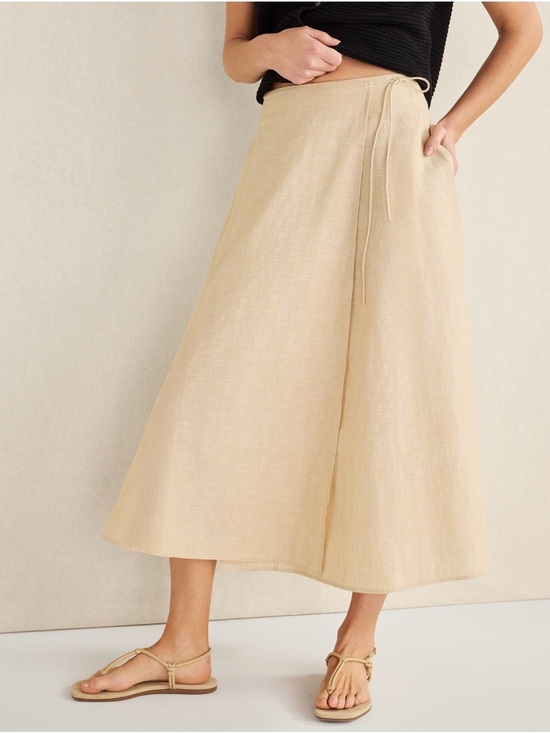 Haven Well Within Dresses & Skirts - Haven Well Within Linen Organic Cotton Wrap Midi Skirt Pockets Natural Beige S